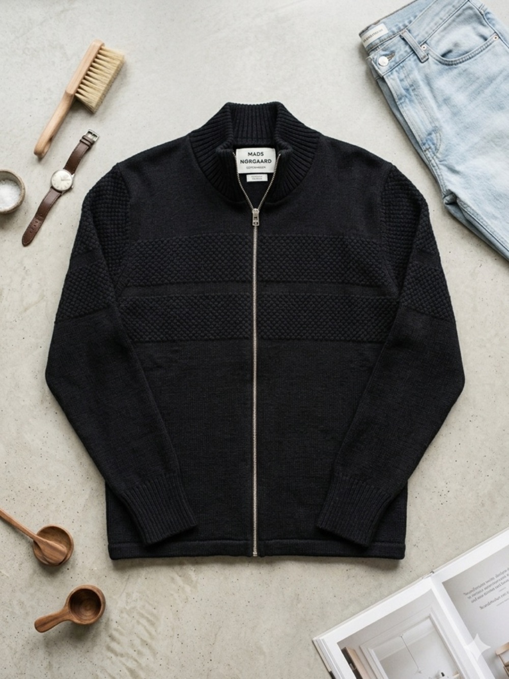 Mads Nørgaard Klemens Scandi Black 100% Wool Zip Up Sweater XL Made in Denmark